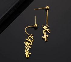 "--------------------------------------------- PRODUCT INFORMATION --------------------------------------------- * A unique name earring is special for yourself. * perfect for pairing with any outfit, * offer a wonderful way to show off your unique personality. * Material is stainless steel,18K gold/rose gold plated. --------------------------------------------- HOW TO ORDER ---------------------------------------------   From drop-down menu  *  Please select your preferred color (Silver, Gold o Elegant Personalized Name Earrings, Custom Name Dangle Earrings, Elegant Customized Silver Earrings, Elegant Customized Earrings For Anniversary, Personalized Gold Dangle Earrings, Personalized Yellow Gold Dangle Earrings, Customizable Gold Earrings For Anniversary, Personalized Gold Earrings For Gift, Elegant Customizable Earrings For Personalized Gift