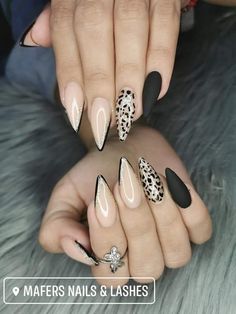 New Years Nails Matte Black And Gold, Funky French Tip Nails Almond, Animal Print Almond Nails, Leopard Almond Nails, Elegant Touch Nails, Easter Nail, Gold Nail Art