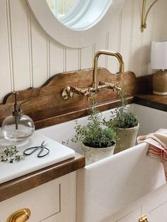 a kitchen sink with plants in it and a round window above the faucet