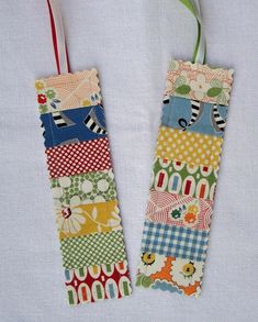 two bookmarks made out of patchwork fabric