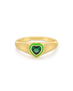 Signet ring featuring heart shaped center Center stone is a clear color in a heart-shape and a neon yellow bezel enamel trim Bezeled stone is 10 mm x 7.5mm Made from Brass with CZ Stones Plated Gold Available in US ring size 6, 7, 8 Ring is 100% nickel-free and cadmium-free 1 year warranty Packaged in Luv Aj branded gift boxes All items are original designs by Amanda Thomas at Luv Aj studios, Los Angeles Green Heart Ring For Valentine's Day, Enamel Heart Shaped Promise Ring, Amanda Thomas, Stone Plate, Luv Aj, Puffy Heart, Branded Gifts, Cz Stone, Neon Yellow