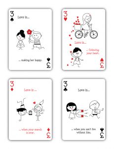 four playing cards with the words love is in red and white, one has an image of