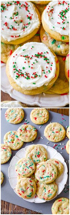 cookies with white frosting and sprinkles are on plates next to each other