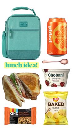 the lunch bag is filled with snacks and drinks