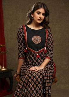 Buy Latest Designer Kurtis Online for Woman | Handloom, Cotton, Silk Designer Kurtis Online - Sujatra Ajrakh Kurti Designs Latest With Work, Latest Kurti Patterns Cotton, Jaypore Kurti Designs, Gamthi Kurti Designs, Ajrak Kurti Designs, Silk Kurti Designs Latest, Yoke Designs For Kurtis, Patch Work Kurti Design, Ajrakh Kurta Designs