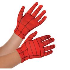 a woman's hands with red spider - man gloves on their fingers and arms