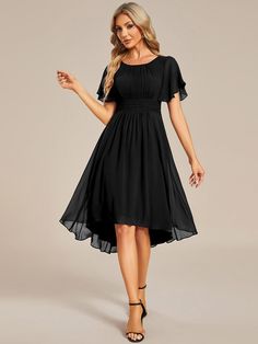 Flowy Chiffon Round Neckline A-Line Knee Length Wedding Guest Dress Islander Wedding, Formal Short Dresses, Chiffon Dress With Sleeves, Quencinera Dresses, Quincenera Dresses, Capri Dress, Dancesport Dresses, Jovani Dresses, Chiffon Evening Dresses