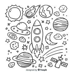 a coloring page with space related items