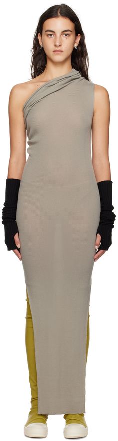 Lightweight rib knit wool dress. · Single-shoulder construction · Slits at hem Supplier color: Pearl The Rick, Wool Knitted Dress, Ribbed Maxi Dress, 2024 Trends, Wool Dress, Rick Owens, Day Dresses, Rib Knit, Apparel Accessories