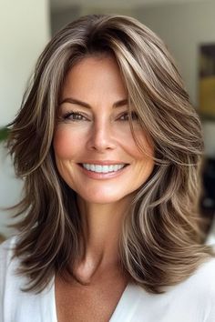 Save this pin for the best hairstyles for women over 40 with thin hair. Medium-length layers with flipped ends and ash-brown balayage offer a wonderful way to blend dimension and movement to thin hair in your 40s. The layers create a sense of depth and volume. Blonde And Burgandy Hair, Hair In Your 40s, Long Hair With Bangs And Layers, 40s Women, Flipped Ends, Medium Length Brown Hair