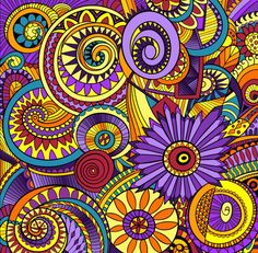 an abstract colorful background with lots of flowers and swirls in the center, including circles