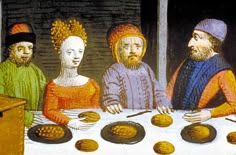 an old painting of four people sitting at a table with food in front of them