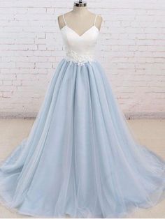 Custom Made Luxurious Modest Prom Dresses, Simple Prom Dresses, Prom Dresses 2018, Prom Dresses Long Blue Tulle Prom Dress, Simple Spaghetti, Blue And White Wedding, Light Blue Prom Dress, Satin Ball Gown, Senior Prom Dresses, Spaghetti Strap Prom Dress, Tulle Evening Dress