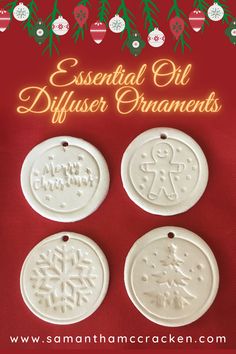 three white ceramic ornaments with the words essential oil diffuser ornaments