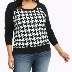 Torrid Houndstooth Pullover sweater Black Size 00X #39642 Item is brand new! Auction includes: One Sweater Size: 00X The black raglan sleeves prioritize coziness,  while the black and white houndstooth print front values sophistication. -Cotton -Wash cold, dry flat -Imported plus size sweater Houndstooth Sweater, Plus Size Sweater, Spring Sweater, White Houndstooth, Plus Size Sweaters, Knitted Pullover Sweaters, Printed Sweater, Print Pullover, Sweater Black