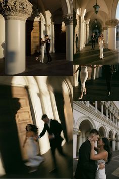 a man and woman are dancing in an old building with columns on either side of them