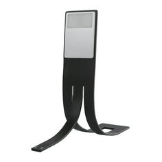 a black metal stand with a white screen on it's side and an electronic device in the middle