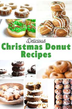 a collage of christmas donuts with green frosting