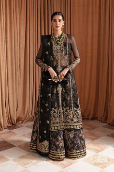 Traditional Gold Embroidered Pakistani Wedding Dress Black Gown Gharara Wedding Dress Black, Pakistani Designer Clothes, Organza Shirt, Pakistani Wedding Dress, Readymade Saree, Chiffon Collection, Embroidered Sleeves, Organza Dress, Wedding Formal