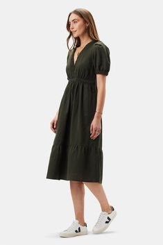 Danielle Cotton Linen Dress - Olive Green Solid Color V-neck Dress For Daywear, Casual V-neck Midi Dress With Smocked Back, V-neck Midi Dress With Gathered Waist For Day Out, V-neck Workwear Dresses With Pockets, V-neck Work Dresses With Pockets, Chic Solid Dress With Split Neck, Chic Solid Color Split Neck Dress, V-neck Midi Dress With Pockets For Daywear, Solid V-neck Midi Dress With Smocked Back