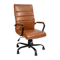 a brown leather office chair with arms and wheels on an isolated white background, viewed from the front