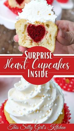 These cupcakes from This Silly Girl's Kitchen feature vanilla cupcakes and vanilla buttercream frosting with a surprise red velvet heart inside! They are easy and delicious and make the perfect Valentine's Day dessert recipe! Save this delicious dessert idea.