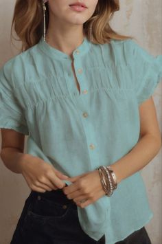 Olivia Mark - Soft Cotton Blouse with V-Neck and Short Sleeves Stand Collar Shirt, Shirts Style, Pleated Shirt, Loose Fabric, Button Top, Cotton Blouse, Yoga Tops, Light Blue Color, Casual Fit