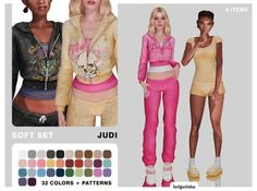 two women in different outfits and colors for the simse fashion game, judi