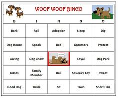 a game board with pictures of dogs and words on it, including an image of a dog