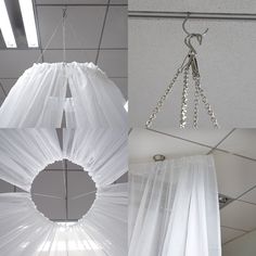 two pictures of curtains hanging from the ceiling