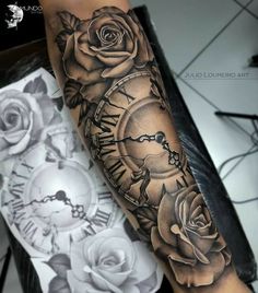 a clock and roses tattoo on the arm