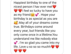 a text message to someone on her birthday with hearts and the words happy birthday written in cursive writing