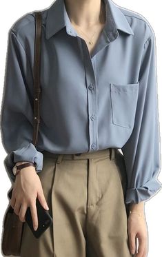 Blue Plain Top For Workwear, Blue Plain Top For Work, Formal Blue Tops With Pockets, Blue V-neck Blouse With Pockets, Blue Office Blouse With Pockets, Elegant Blue Blouse With Pockets, Blue Blouse With Pockets For Work, Long Sleeve Shirt Women, Korean Blouse