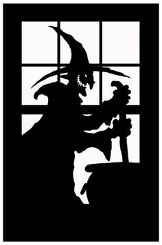 a black and white silhouette of a witch looking out the window