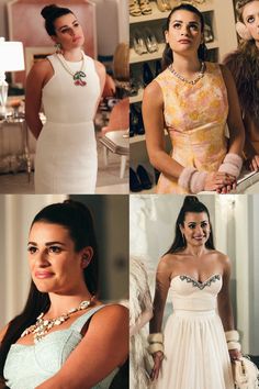 four different pictures of women in dresses and jewelry