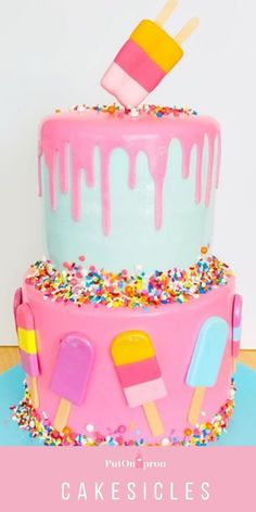 a pink cake with ice cream and sprinkles on the top that says, frozen treats cakesicles