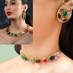 "Multicolor Navratan Necklace and Earrings/Carved Stone Bridal Necklace Set/Sabyasachi Jewelry Set/Amrapali Inspired Necklace/Pakistani Set *Material: Brass *Plating: 22K Gold Plated *Stone: Semi Precious Gemstones *DIMENSIONS * *Necklace : Weight 83 gm *Earrings : Length 2.75 Inches , Width 1.25 Inches , Weight 15 gm Each *ABOUT PRODUCT* * This is a High Quality Navratan Necklace Set. * Style Tip : If you like both Traditional and contemporary... This set is certainly for you.\" *DISCLAIMER* *P Fusion Multi-stone Jewelry For Diwali, Temple Jewelry Chandbali Multi-stone Necklace, Temple Jewelry Chandbali Necklaces With Multi-stone, Bollywood Chandbali Temple Necklace With Gemstones, Traditional Multi-stone Chandbali Necklace, Temple Chandbali Necklace With Gemstone For Celebration, Bollywood Temple Necklace With Gemstones For Festive Occasions, Bollywood Style Gemstone Temple Necklace For Festivals, Bollywood Style Temple Necklace With Gemstone For Festive Occasions