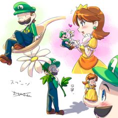 mario and princess peach in different poses with their pet animals, including an animal man