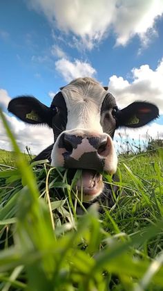 a black and white cow sticking its tongue out while laying in the grass on a sunny day