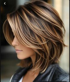 Yourwifeknows Hair, Chunky Silver Highlights On Dark Hair, Medium Angled Bob Haircut, Long Angled Bob With Bangs, Rose Gold Bob Hair, Blonde And Caramel Highlights On Brown, Chunky Highlights Short Hair, Shaggy Bob For Fine Hair Over 50