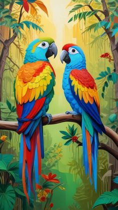 two colorful parrots are sitting on a branch in the jungle with leaves and flowers