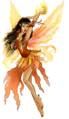 a woman dressed as a fairy holding a wand and wearing an orange dress with yellow wings