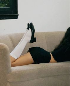 White High Socks Outfits, Heels And Socks Outfit, Socks Aesthetic Outfit, Mary Jane Shoes Outfit, Aesthetic Finds, High Socks Outfits, White Knee High Socks, Socks Aesthetic, Sock Outfits