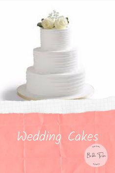 a white wedding cake sitting on top of a pink piece of paper with the words wedding cakes below it