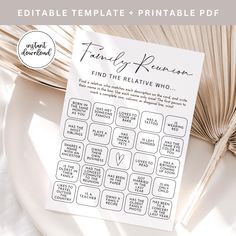 the printable family reunion game is on top of a plate next to an open book