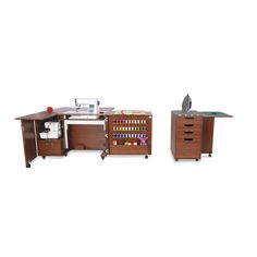 two wooden desks with sewing machines on each one and an ironing board on the other