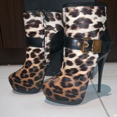 100% Authentic, Worn Once Only, Super Comfortable Leopard Print Leather Boots For Party, Leopard Print Round Toe Boots For Party, Brown Round Toe Heeled Boots For Evening, Leopard Print Boots With Round Toe For Party, Brown High Heel Booties For Party, Brown Heeled Boots With Round Toe For Evening, Evening Brown Heeled Boots With Round Toe, Brown Closed Toe Party Booties, Brown Closed Toe Evening Boots