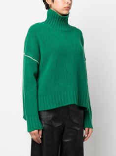 contrasting-stitch knitted jumper from WOOLRICH featuring knitted construction, ribbed cuffs and hem, contrast stitching, emerald green, virgin wool, roll neck, long sleeves and straight hem. This item is in size L and the color is Green Trench Jacket, Wool Turtleneck, Cape Coat, Short Leggings, Knitwear Cardigan, Roll Neck, Knitted Jumper, Green Sweater, Pant Shirt