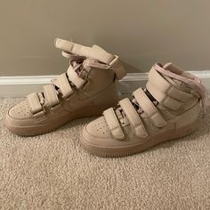 Brand New, Only Been Worn Once, In Great Condition. Please Message Me For Any Questions! Beige High-top Lace-up Sneakers With Textured Sole, Beige High-top Sneakers With Textured Sole, Beige Lace-up High-top Sneakers With Cushioned Footbed, Beige Sneakers With Studded Rubber Outsoles And Round Toe, Nike Beige High-top Sneakers, Beige Nike High-top Sneakers, Beige Mid-top High-top Sneakers For Spring, Spring Beige High-top Sneakers With Round Toe, Beige Leather High-top Sneakers With Round Toe