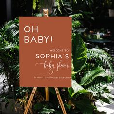 a welcome sign for a baby is displayed on an easel in front of some plants